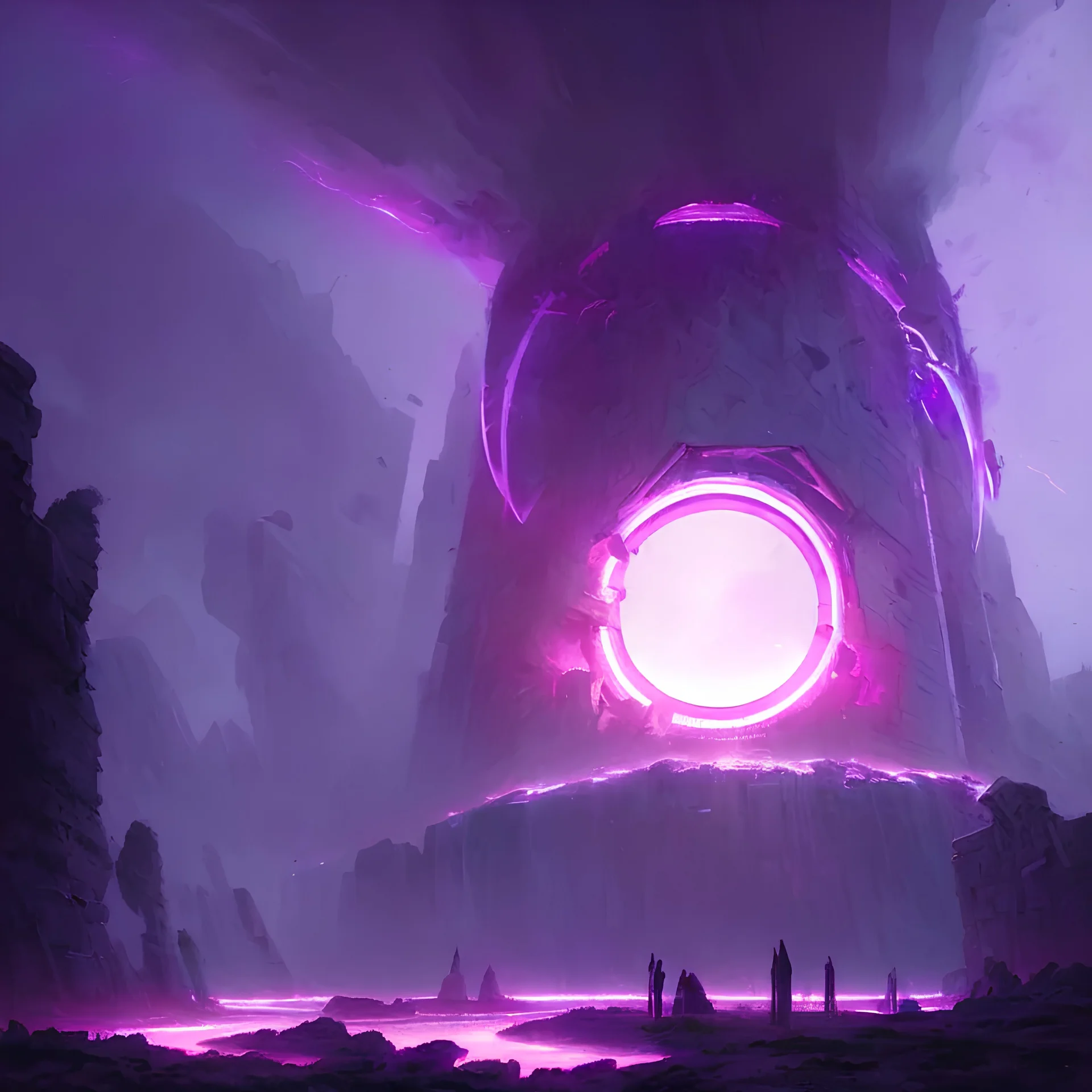 Giant portal glowing purple in the centre by Greg Rutkowski