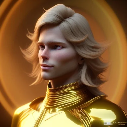 beautiful cosmic golden male, long hair, nice smiling, delicate colors, beautiful glamour galactic golden dress, ultra sharp focus, 8k, unreal engine 5, extremely sharp detail, light effect, soft light atmosphere of a spaceship, smooth, full of details, face in front, complete vision of face and body