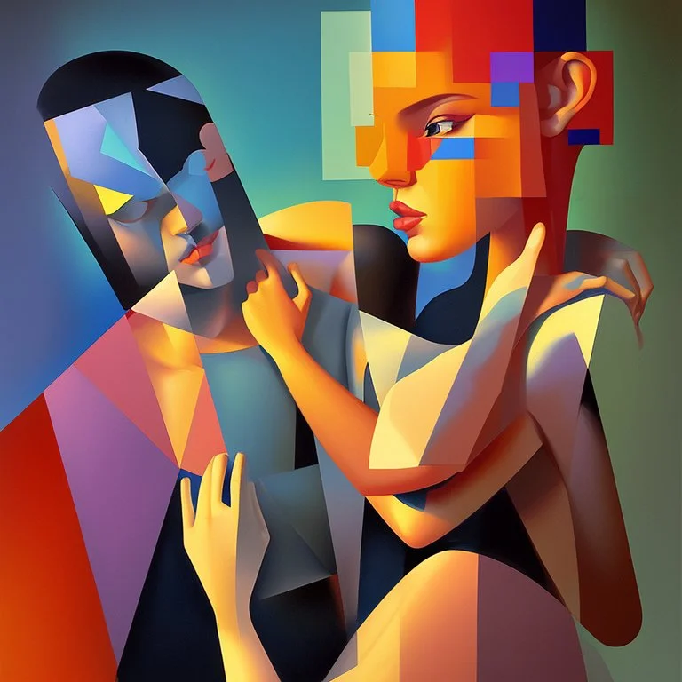 a painting of a man and a woman, a cubist painting by Keith Mallett, cg society, figurative art, cubism, fauvism, art