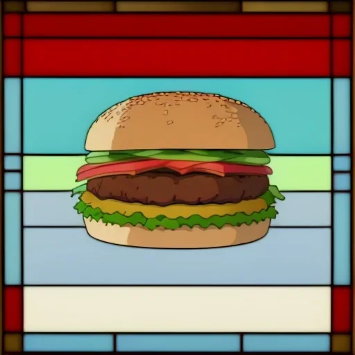 a hamburger rendered in stained glass