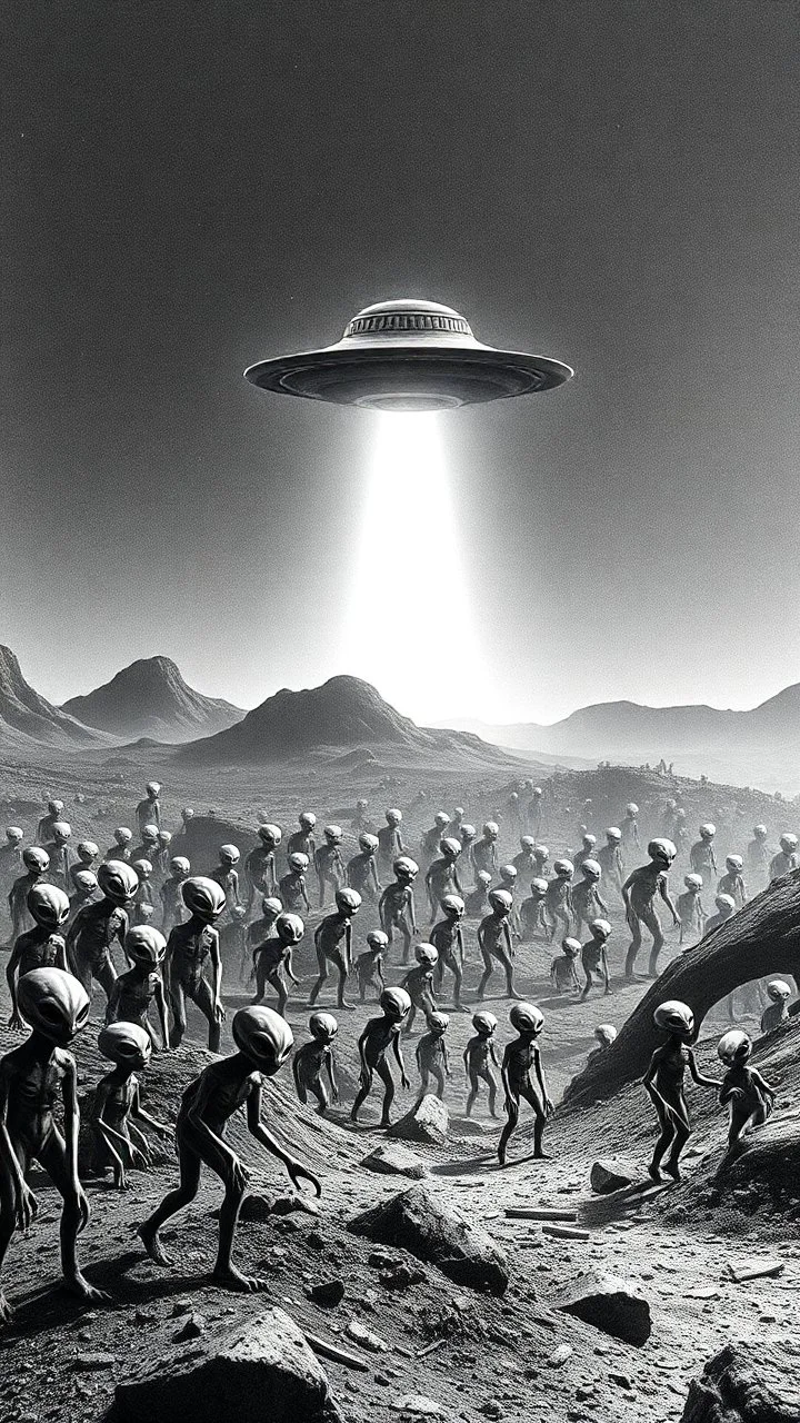 A land filled with hundreds of aliens in a bright light at the end of the picture a ufo object , cinematic, 8k, in black and white, fine line draw