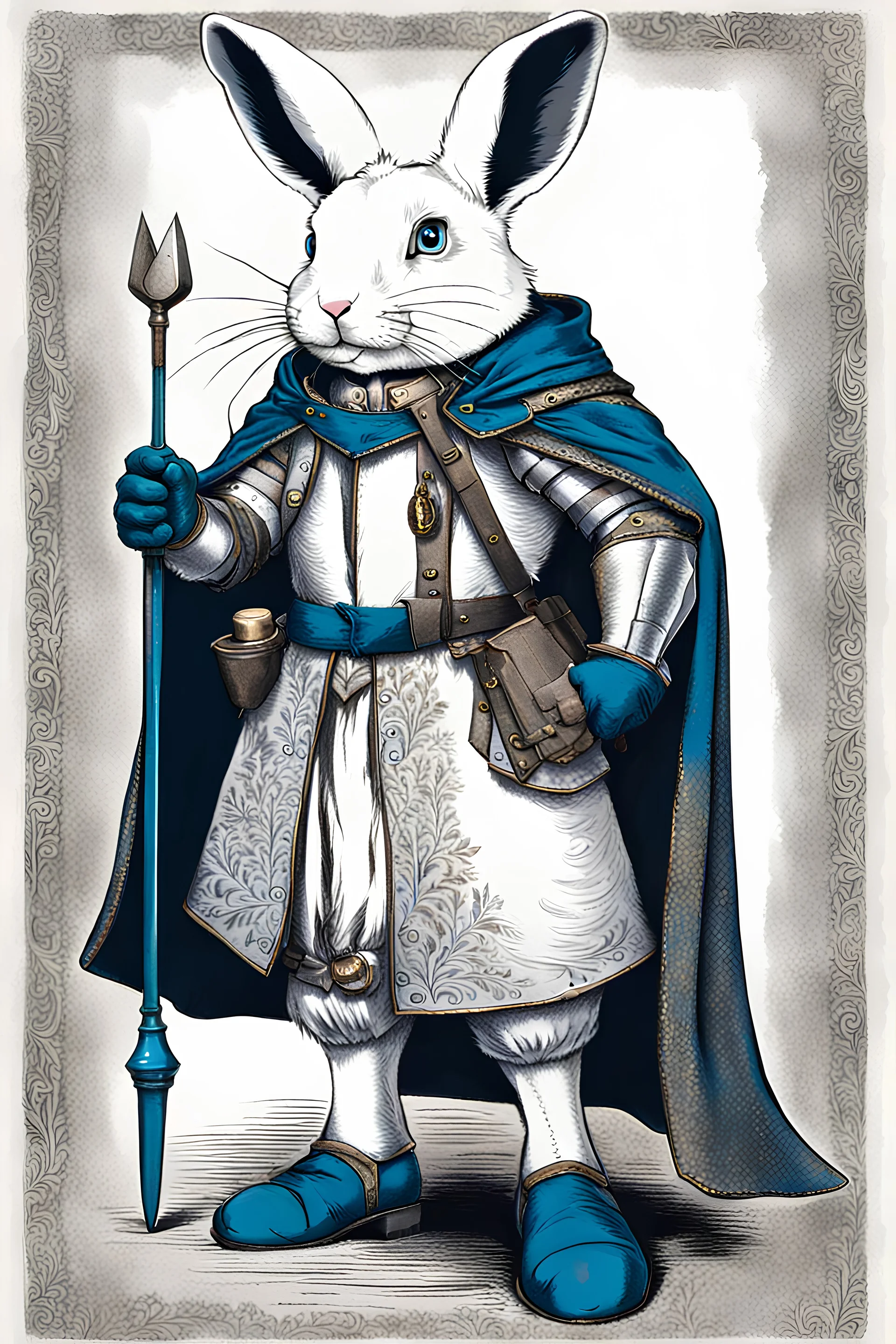 male white Rabbit standing up with blue eyes in armor wearing a cloak wearing boots