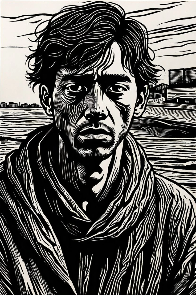 create a deeply powerful tragic, heart wrenching, and evocative, full body woodcut of a raw and weathered young refugee man with highly detailed and deeply cut facial features, lost in a horrific post apocalyptic Gaza, in the style of KATHE KOLLWITZ , searing lines and forceful strokes