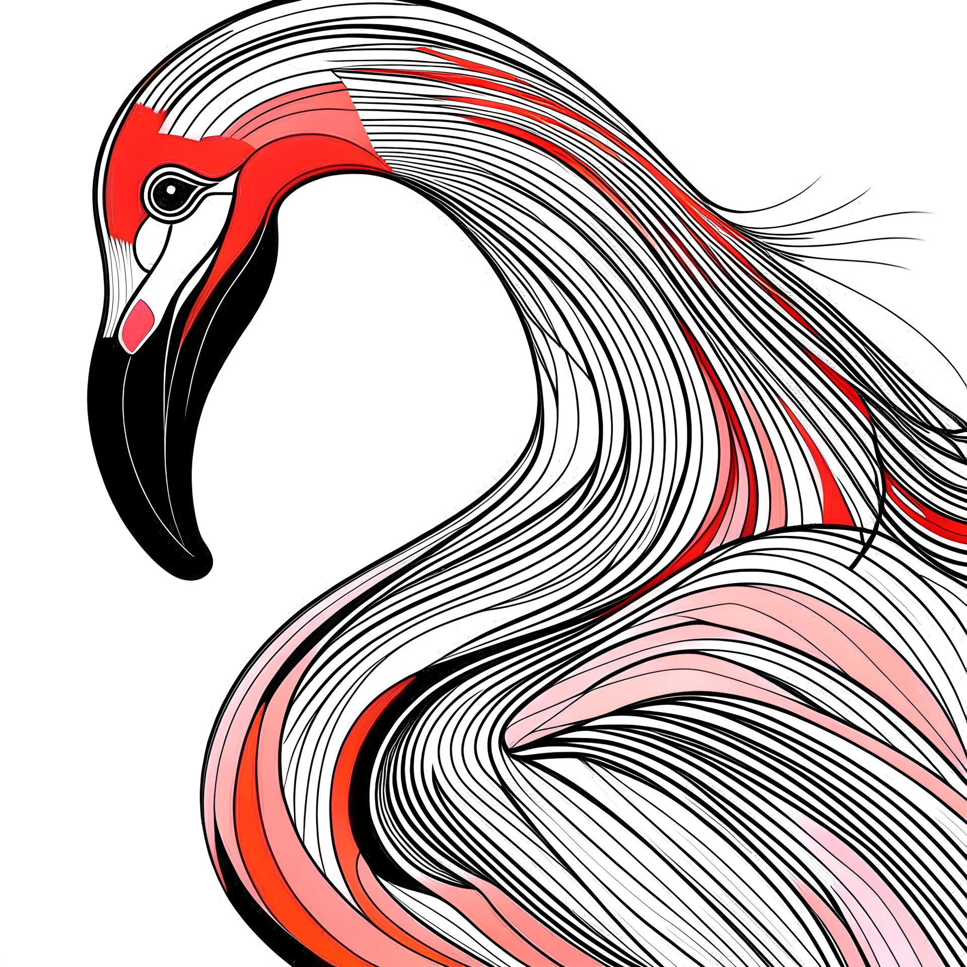 Flamingo, closeup view, mandala, minimal lines, cartoon, white back ground color, real style, realistic, minimalistic, minimal black line art, line art, crisp line art, unique coloring sheet, outlined, outline, crisp, crisp line edges, illustration, thin lines, crisp clear lines, line art, clean line art, unique, 8k, amazing, masterpiece, no colors, no dark color, no black color, avoid thick black, minimalistic line edges, pure white back ground, image character full fit to page,