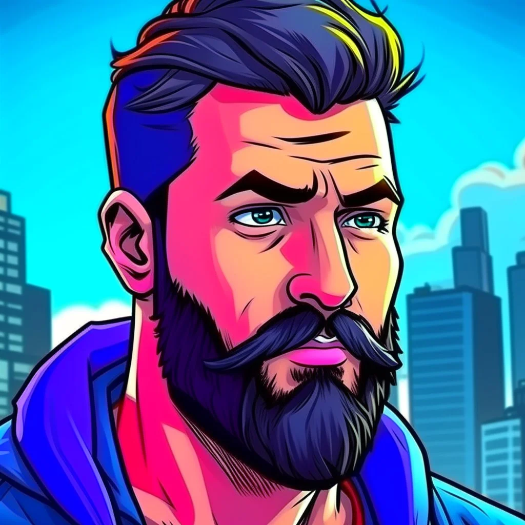 comic book realistic man with beard character closeup city background