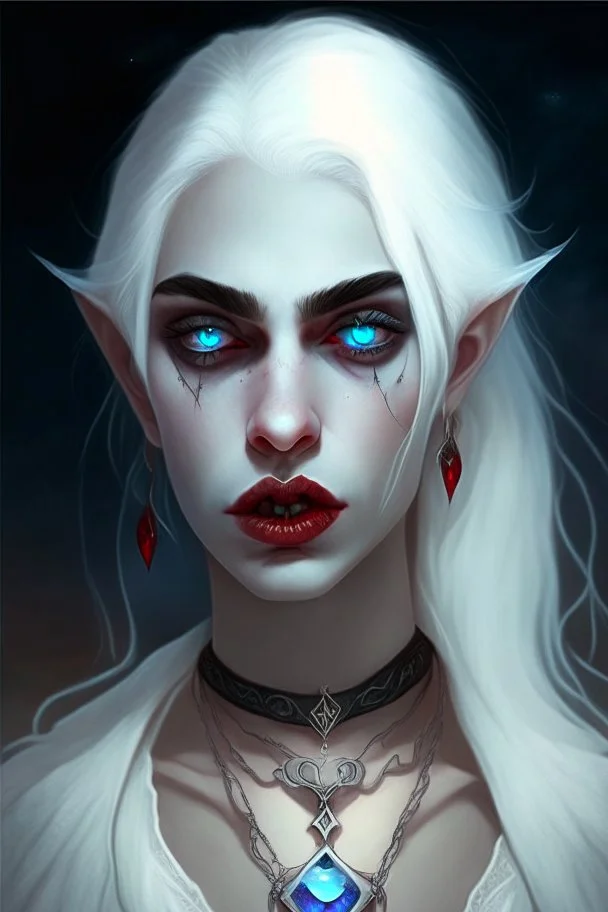 hauntingly beautiful character for dnd, young vampire woman with white hair, white eyebrows and blue eyes, angel, with moon necklace, lips slightly parted showing fangs, vampire