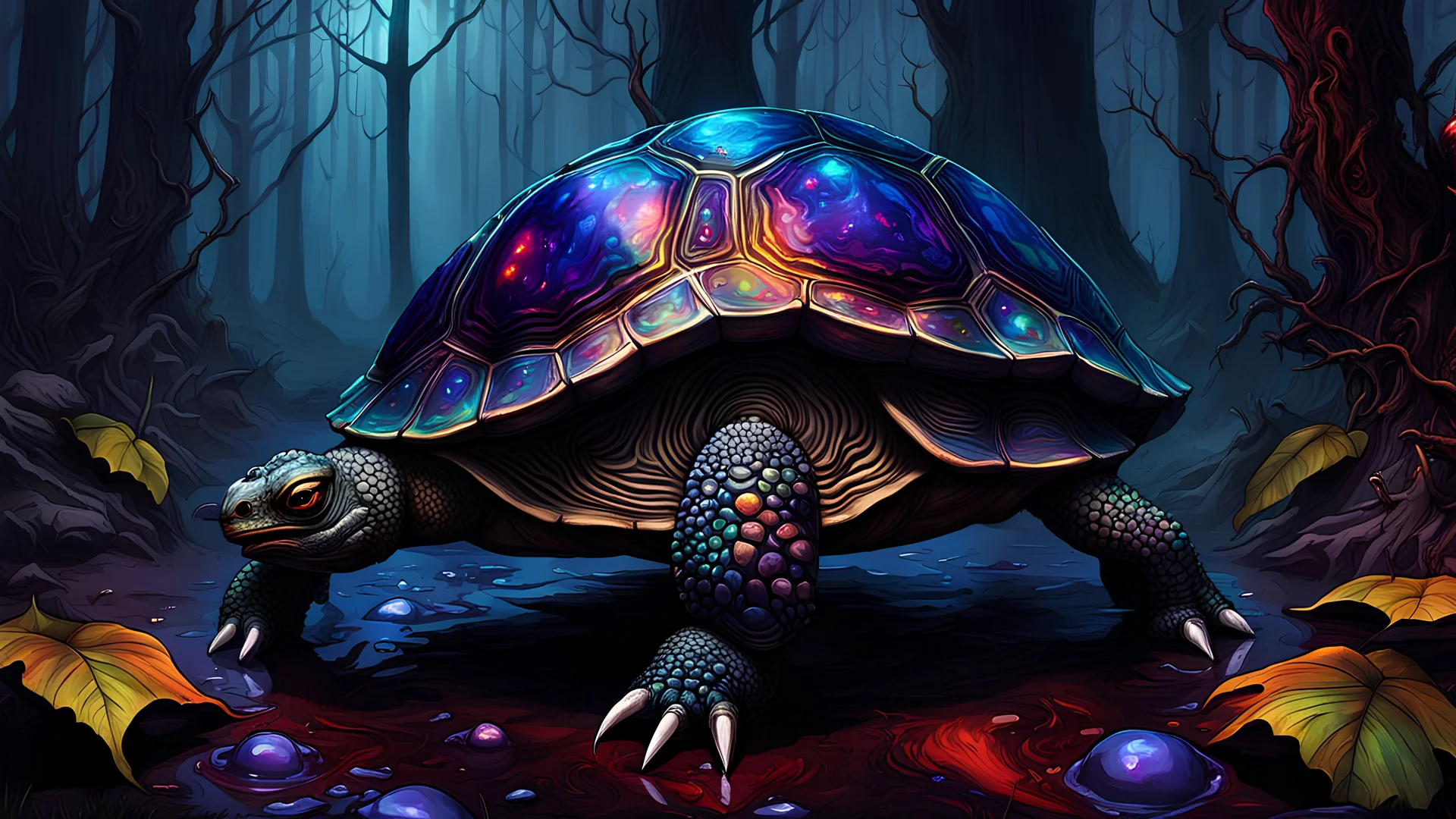 A gritty, full-body shot of an insatiably evil black opal iridescent pearlescent dark ancient horned turtle in a dark forest surreal landscape, with sharp ivory teeth, macabre, red yellow purple, Dariusz Zawadzki art style, liminal spaces, horror art, dark gaming background, wet, glossy, horror art, trypophobia, eerie, intricate details, HDR, beautifully shot, hyperrealistic, sharp focus, back lit, 64 megapixels, perfect composition, high contrast, cinematic