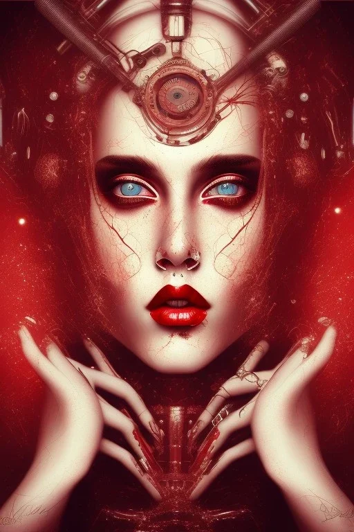 Danish singer MØ face,Abstract steampunk, red tones,