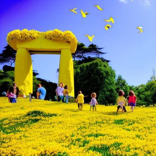 Fleurs jaunes, ciel bleu, portail céleste, cascade, dolmen, oiseaux, enfants souriants , couleur mauve,4k