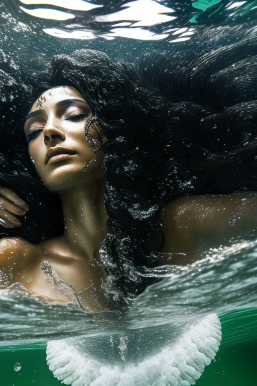 a beautiful woman, long curly black hair,closed eyes,coming from beneath the water,braking the surface with her face just coming out the water,looking up symbolism for breaking free. realistic,8k quality, action close shot from areal view,highly detailed , chaos 80