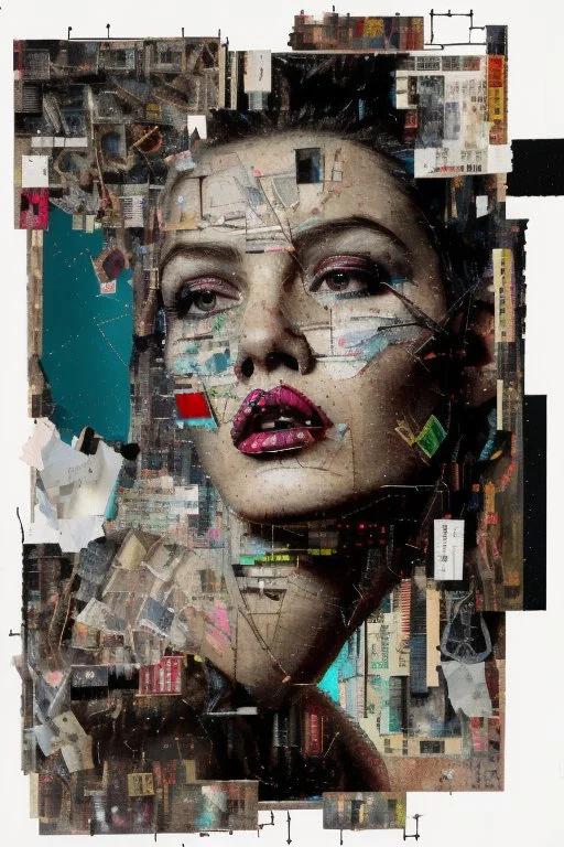 Ultra detailed medium portrait painting of a half naked woman sitting on a chair, no nudity, bended over, dark room with little light coming from an open door behind her, torn up collage of clippings, broken circuitry background, matrix effects, punk visual art, punk art aesthetic, graffiti art, pop surrealism, collage art, cluttered paint glitches