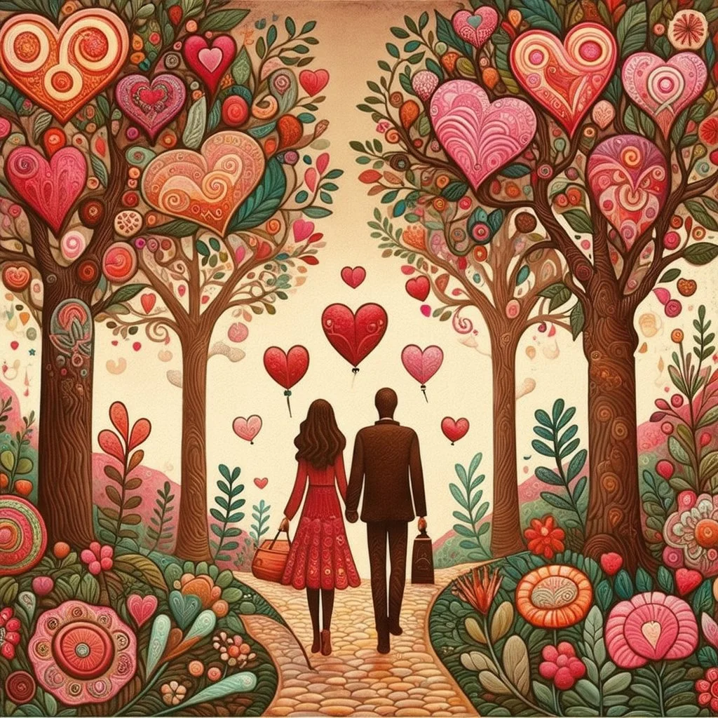 Vibrant painterly illustration, symbolic geometric realism. A surreal coastal landscape divided between land and sea. On a dark cliff in the foreground stands a leafless tree with delicate branches; nearby, small human figures appear as silhouettes. Sailboats float on a gently moving sea, their shapes simplified and graphic. Strong contrast between warm and cool tones, high color saturation, luminous pigments. Clearly painted surface with visible brushstrokes, flat yet textured color fields, han