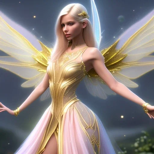 beautiful fairy very etheric, nice smiling, long blond hair, magic glamour pink make up, delicate colors, complete vision of very transparent golden and big wings, beautiful glamour transparent golden dress, ultra sharp focus, 8k, unreal engine 5, extremely sharp detail, light effect, soft light atmosphere, smooth, full of details, face in front, complete vision of face and hair and of the body