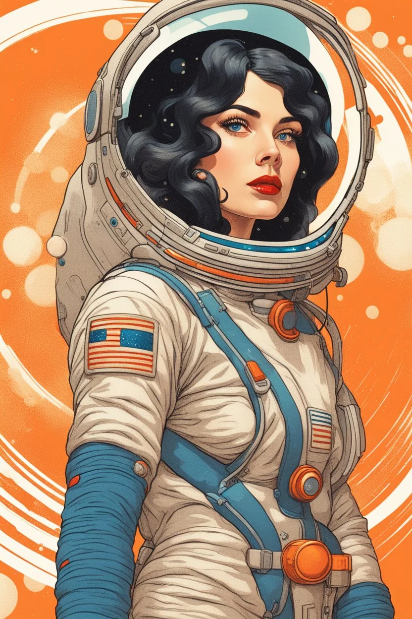 A retrofuturistic portrait of an astronaut woman with dark hair, wearing a space suit and surrounded by floating bubbles on an orange background. She has red lipstick and blue eyes, looking at the camera. The artwork is in a vintage style, reminiscent of classic science fiction illustrations from old books. It's in vibrant colors, with detailed attention to her costume and accessories in the style of classic science fiction illustrations. --ar 4:5 --v 6. 0