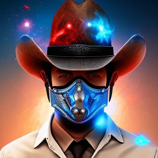 cowboy hat, blue and red sparks flying out,tech inspired, mask