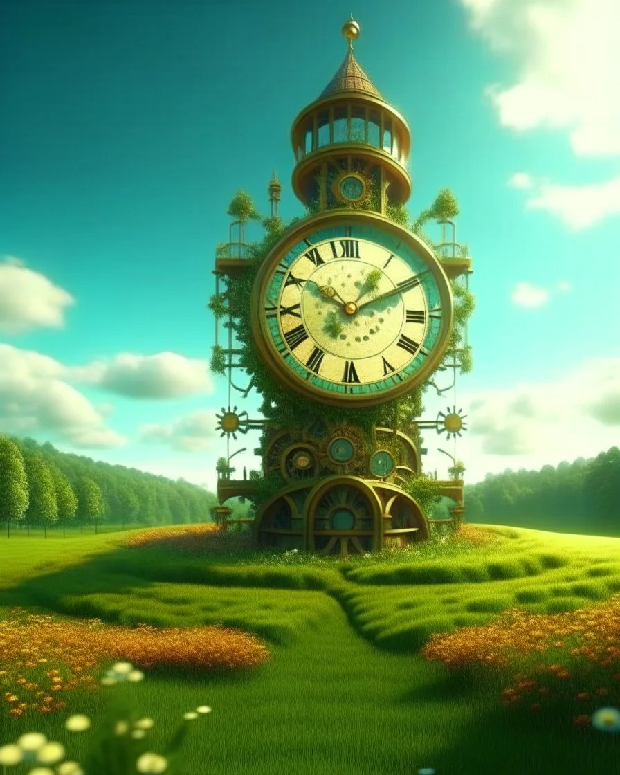 Create a 3d fractal base huge clock on a beautiful tower in a modern town with country houses and green field flowers , with see throgh golden gears rotating , showcasing a harmonious and synchronized movement. fast time passing in a beautiful nature environment