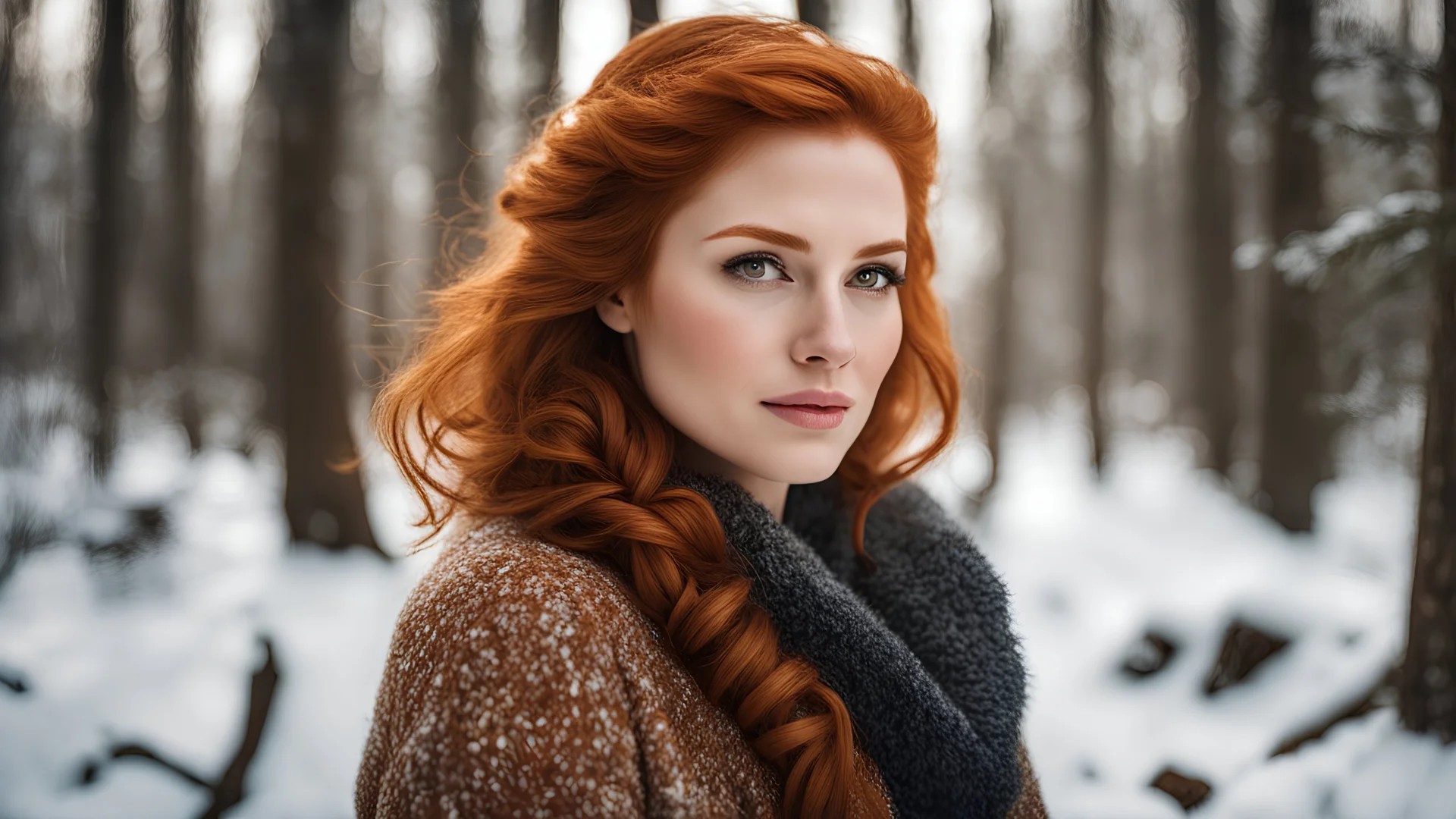 foxie european woman, ginger hair, winter forest, natural skin texture, 24mm, 4k textures, soft cinematic light, adobe lightroom, photolab, hdr, intricate, elegant, highly detailed, sharp focus, ((((cinematic look)))), soothing tones, insane details, intricate details, hyperdetailed, low contrast, soft cinematic light, dim colors, exposure blend, hdr, faded