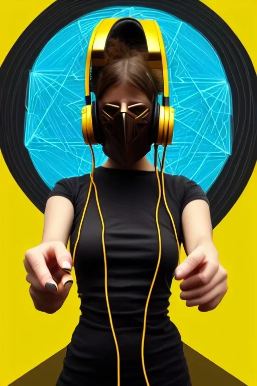 Realistic photograph. Geometric 3D tiling on the background, woman, Whip. Bronze color, Yellow, Black Cyan. Cyber-punk full-mask. Big old AKG headphones, golden rings & disc. Selfie both hands. Lightly armored, electronic circuit. Thick tights, thick calves, bend fell, wide hip, flat belly. Ancient artifact cables between. Perfect body. Matrix movie clothes, Silver leather area, tippet, latex. Wicked sneakers. Daft Punk, Tron Movie. Egyptian Haute Couture. 1990's. Light comes from right-front