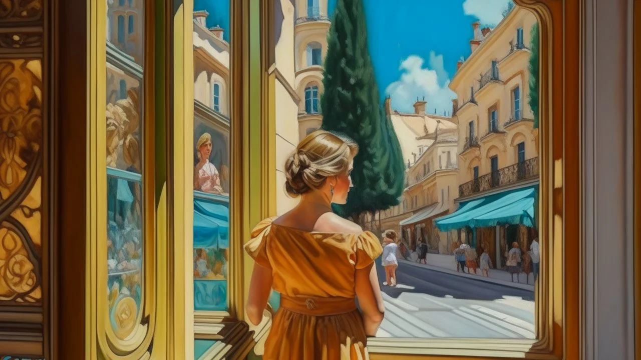 Neoclassicism mother and child looking at a shopwindow distend zoom out realistic cote d'azur colorfull