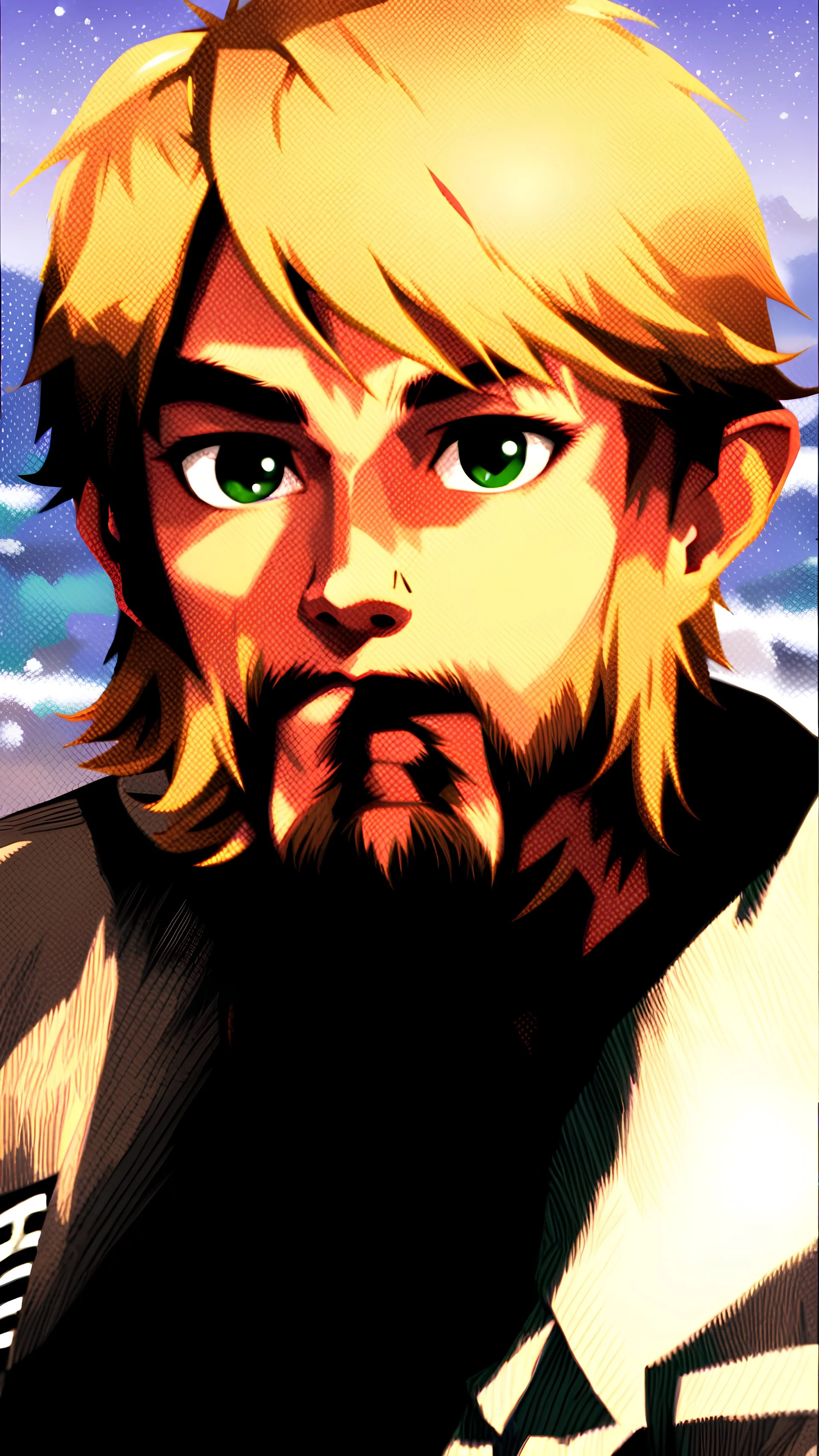 The handsome and perfect portrait is on Spruce Street, anime, blonde-haired and green-eyed male character on the beach for the magazine, 8K resolution, high quality, ultra graphics, and detailed with lines.