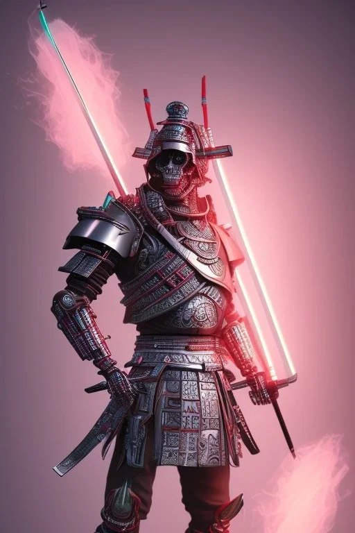 Futuristic Neon crystal steel skeleton samurai smoke