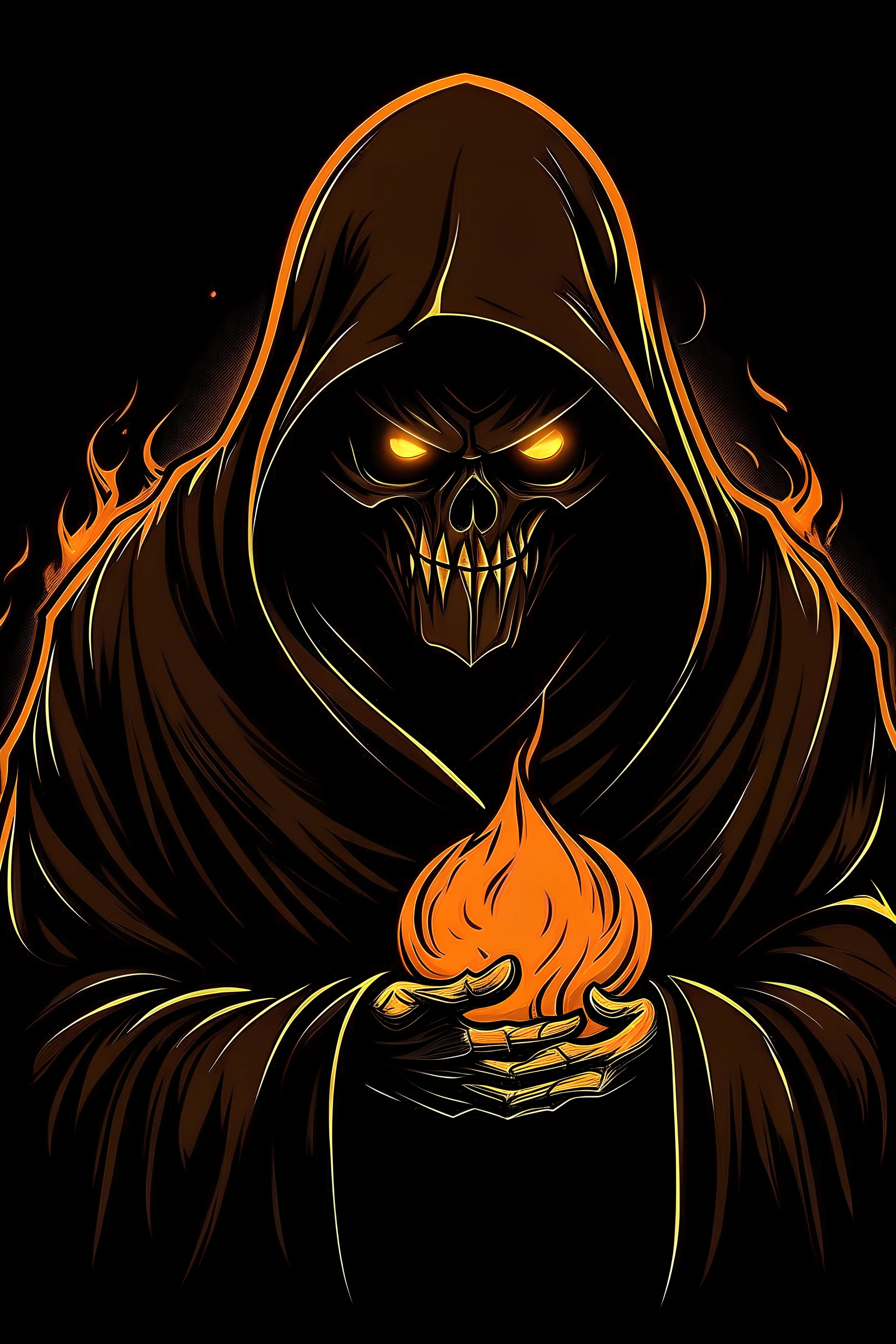 a man wearing a black cloak and his head is a lit burning jack o' lantern draw this in a scary cartoonish style