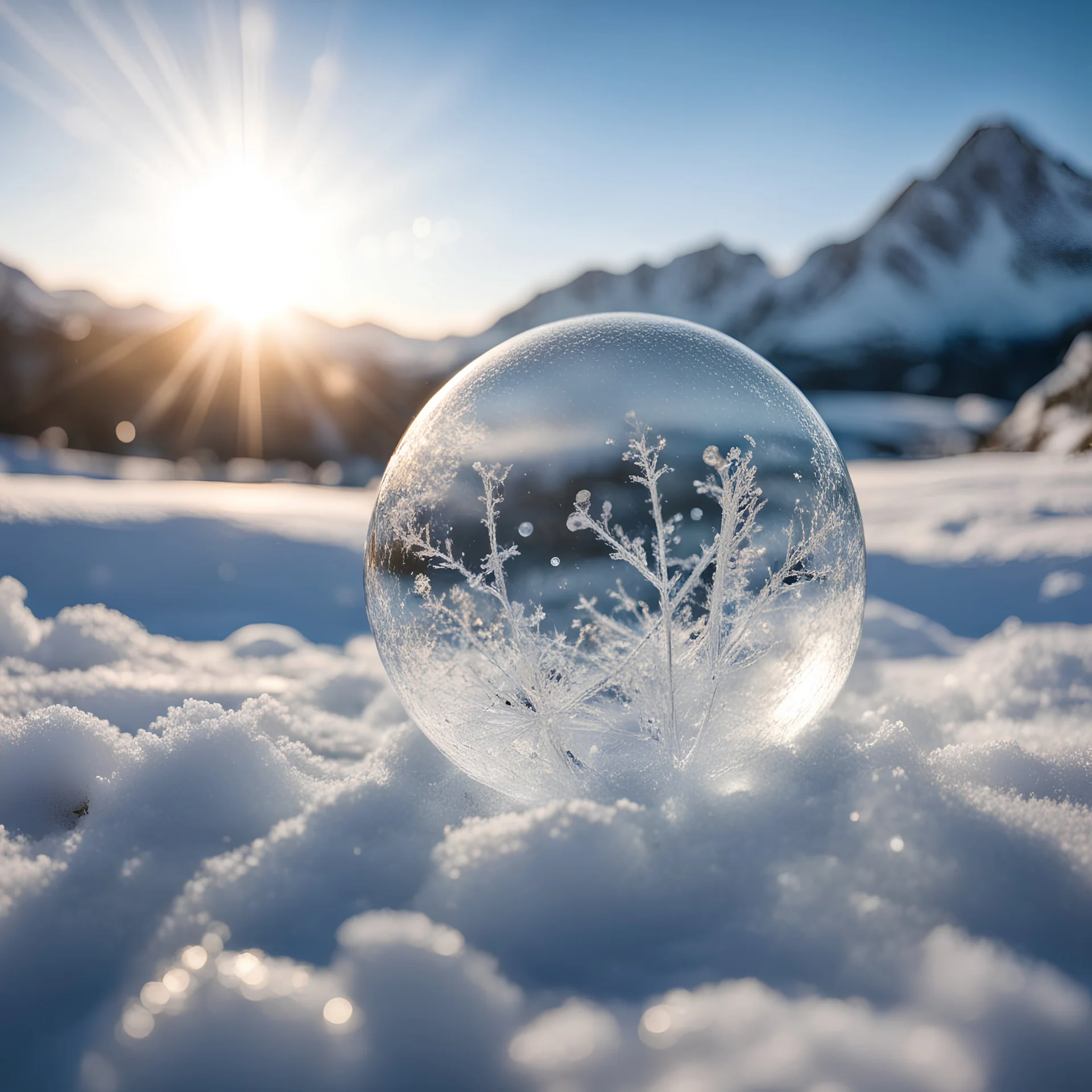 Frozen bubble in front of a snowy mountain landscape, the bubble has wonderful icecrystals and the sun is shining, frozen, cold outside, beautiful small ice flowers in front of the bubble