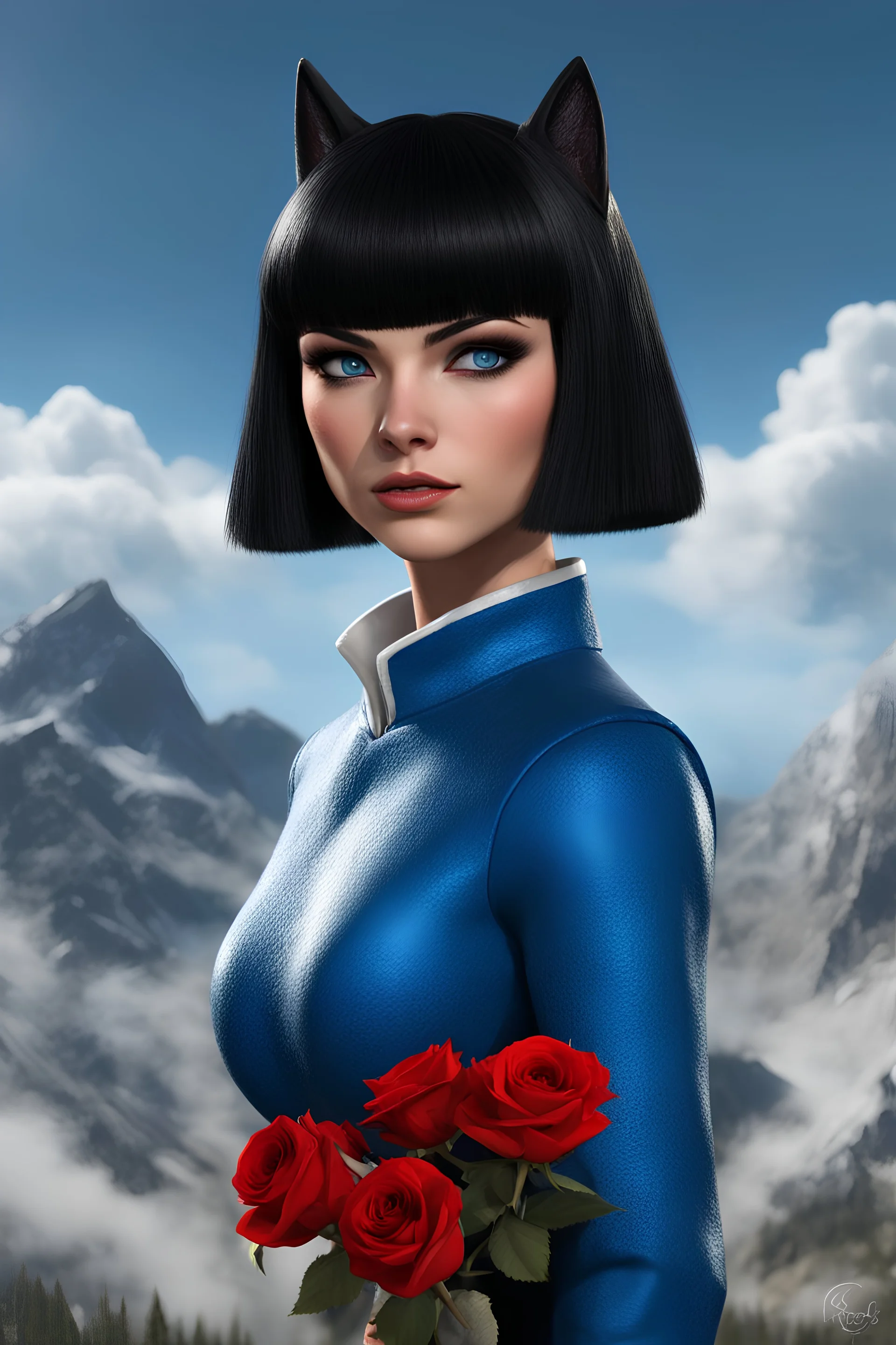 3D Werewolf - full body - Horror of the Planet of the Werewolves - black hair, Deep Blue Eyes - head and shoulders portrait - Lenna, part wolf, part human, short, bowl-cut, straight black hair, the bangs cut straight across the forehead, she resembles a wolf, and she resembles Spock - Mountains, blue skies, clouds, red roses, blue roses, yellow roses, honeysuckle roses, carnations, lilacs, professional quality, 32k, UHD, glossy, 1080p, Extremely high resolution Digital photograph