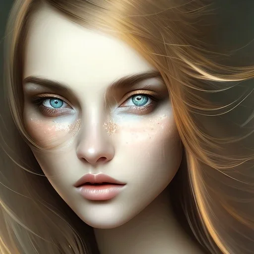 Young women , delicate, friendly, soft eyes, brown haar, abstract art,round warm look, misterous look