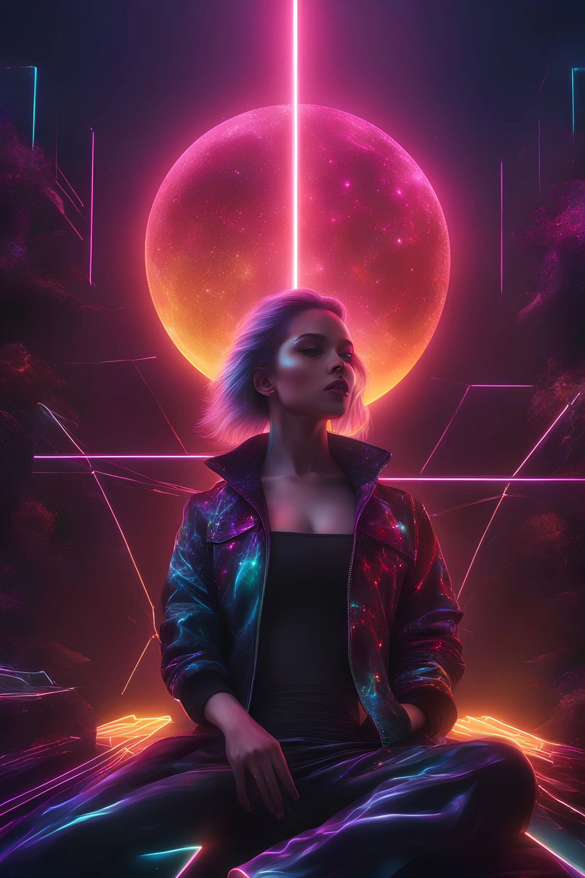 A hyper-realistic , a music composition cover featuring darkness and cybernetic silhouettes enveloped in the auras of neon reflections. Pay attention to how light and shadows interact against a cosmic landscape backdrop, 64K, hyperrealistic, vivid colors, (glow effects:1.2) , 4K ultra detail, , real photo