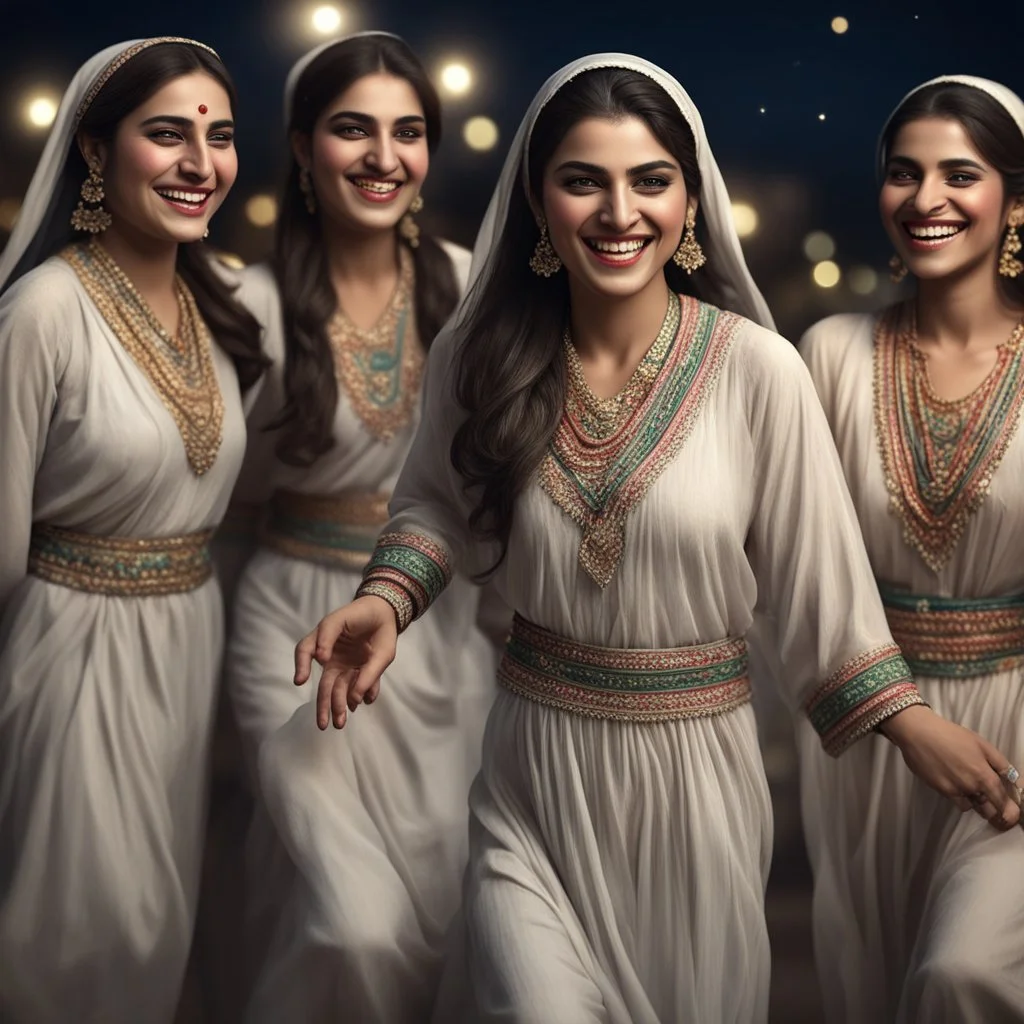 Hyper Realistic Pakistani Pukhtoon Women smiling & Dancing at night