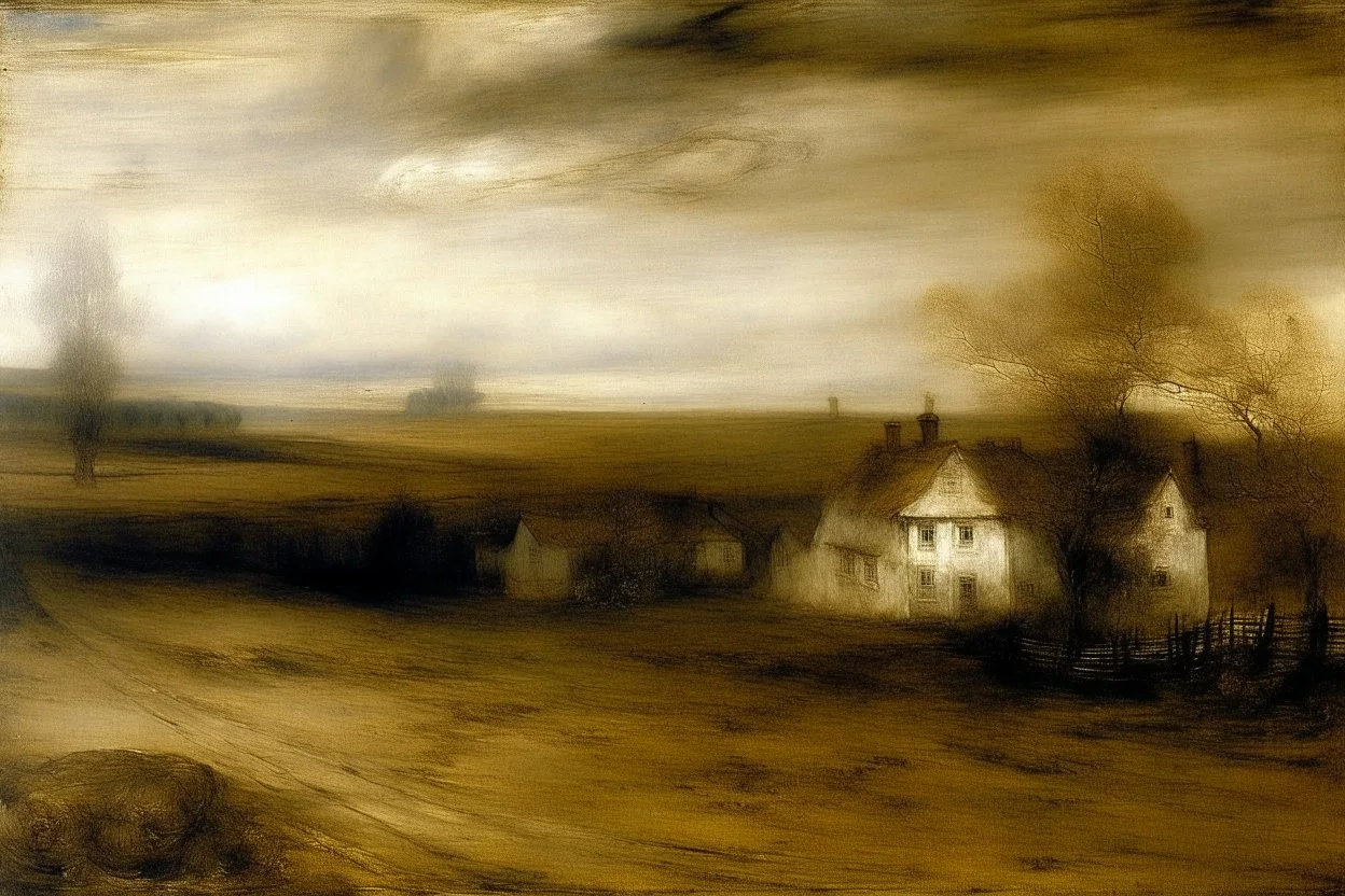 A white wispy realm with fantasy houses painted by Albert Pinkham Ryder