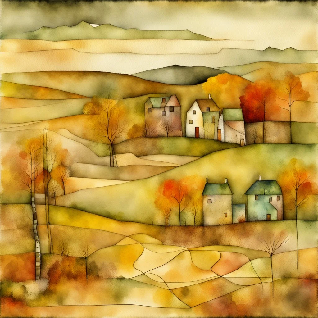 autumn landscape in patchwork, soft and delicate watercolor, with added electronic wires, patina of ancient stone with moss, art brut, moody, somber, desaturated colors, in the style of Paul Klee, Arthur Rackham