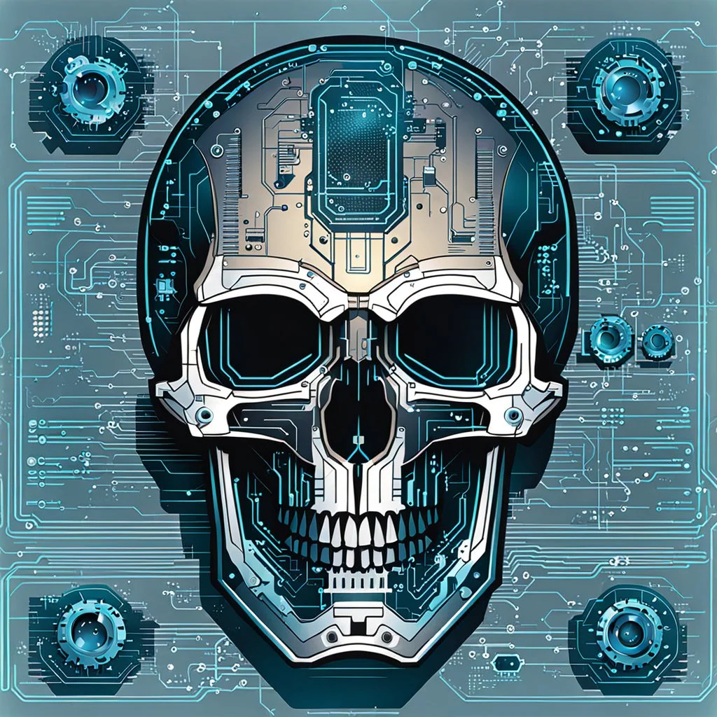 FLAT VECTOR LAYERED IMAGE OF CYBERNETIC SKULL PARTS IN A SCHEMATIC