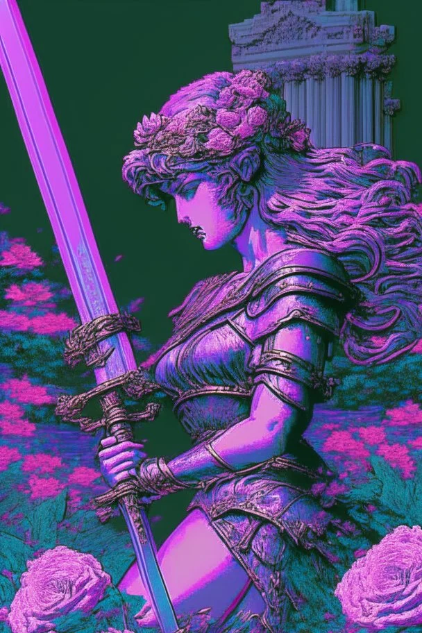 [vaporwave] Without a moment's hesitation, Agatha, wielding her sword adorned with carved flowers, seized the opportunity. With a swift and precise movement, she struck beneath the tyrant's shoulder, piercing through his defenses and driving him to his knees.