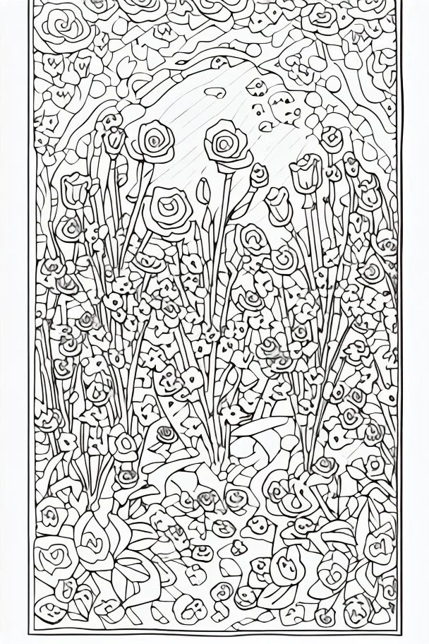 kids coloring page, rose garden, cartoon style, thick lines, low detail, no shading