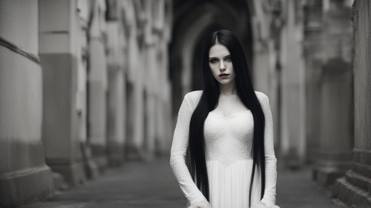 A beautiful white woman standing side and have Long soft black hair And wearing a gothic dress.