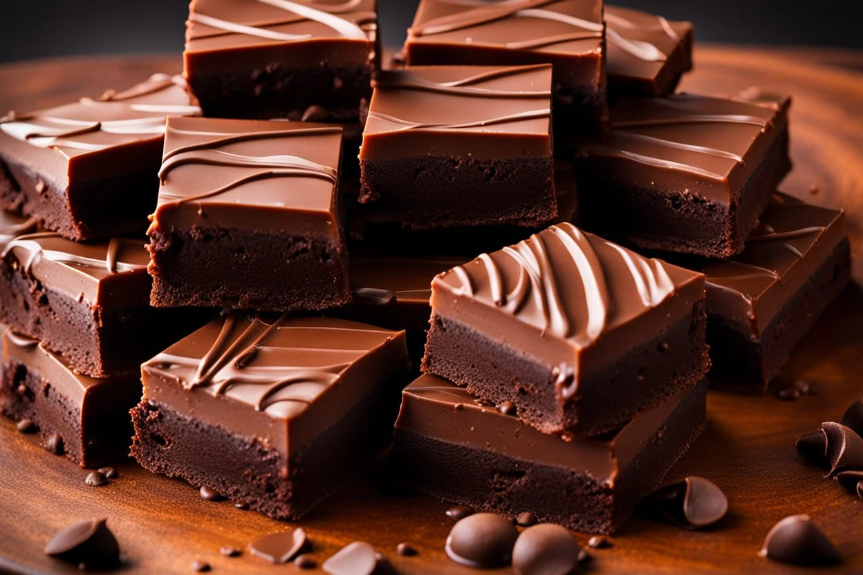 Rich and delicious chocolate square pieces piled high on a table, close-up view of a stack of square chocolate pieces, possibly truffle brownies or chocolate bars, piled on top of each other on a table. The chocolate appears to be melty and tempting, ready to be enjoyed.