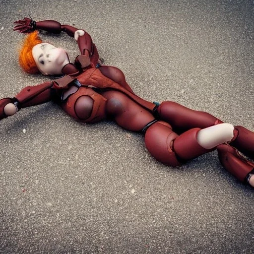 Rusty female cyborg doll laying in the streets sad and lonely, crying,suit is falling apart, anime character