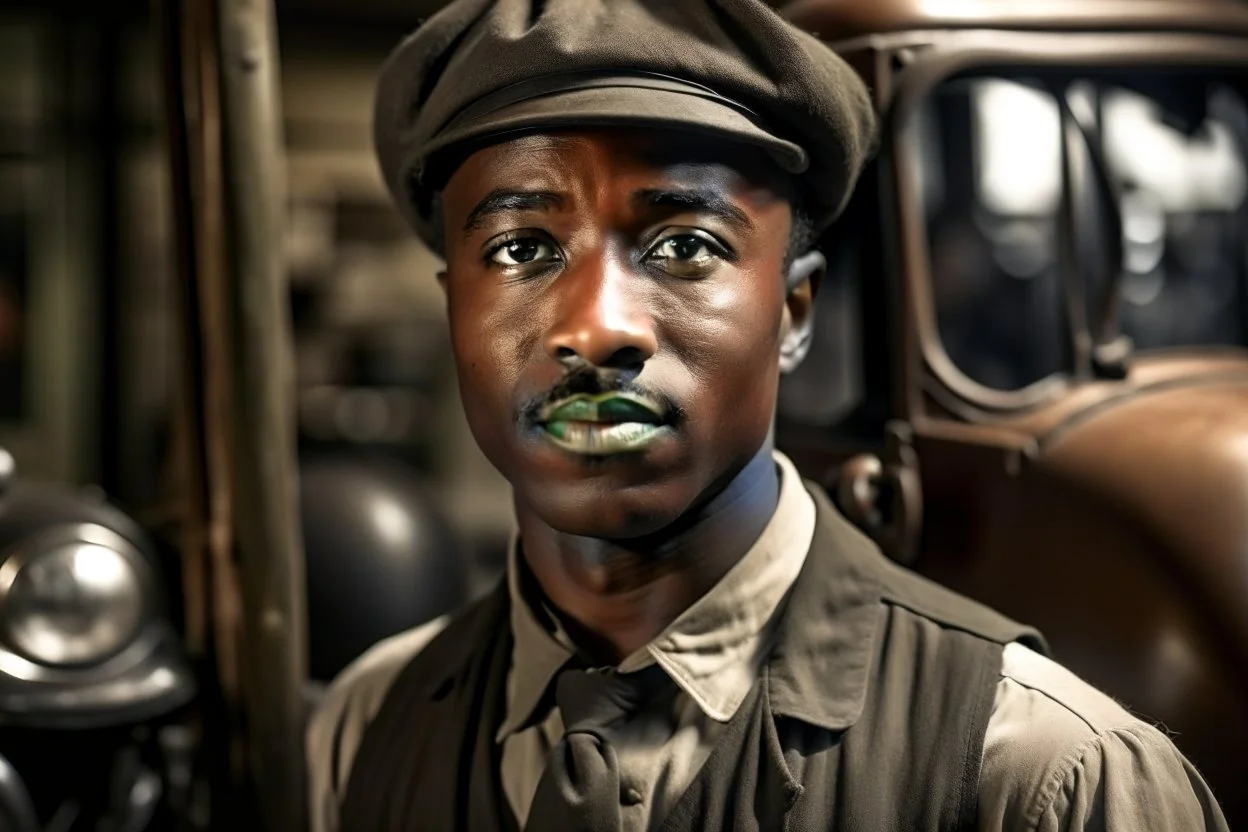 ww1 black driver talking close-up standing up looking to the camera, garage background, normal color pallete