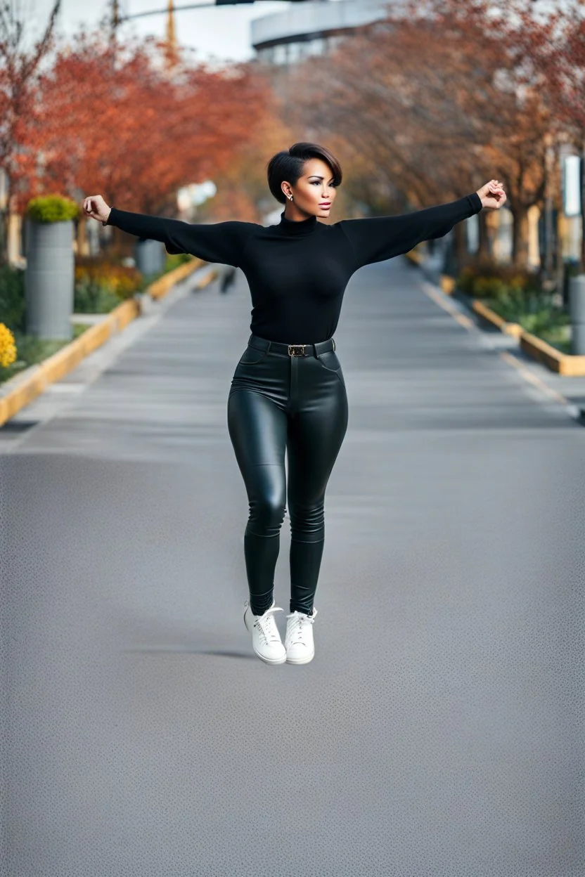 A full-body shot of a beautiful lady wearing shirt and tight pant with boots ,short hair