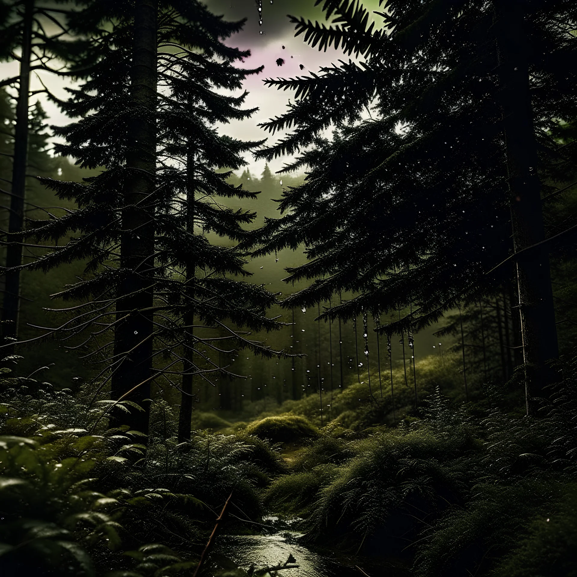 a dramatic scene in a dense forest with A FIR BRUNCH under the rain. The background should feature raindrops falling around the leaves.