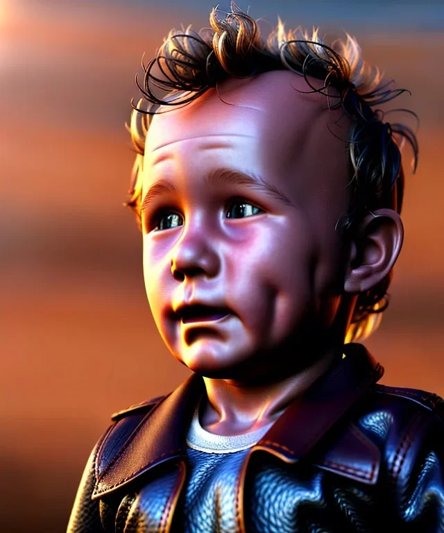 Heath ledger toddler, full body, leather jacket, soft skin, dramatic lighting, hyper realistic