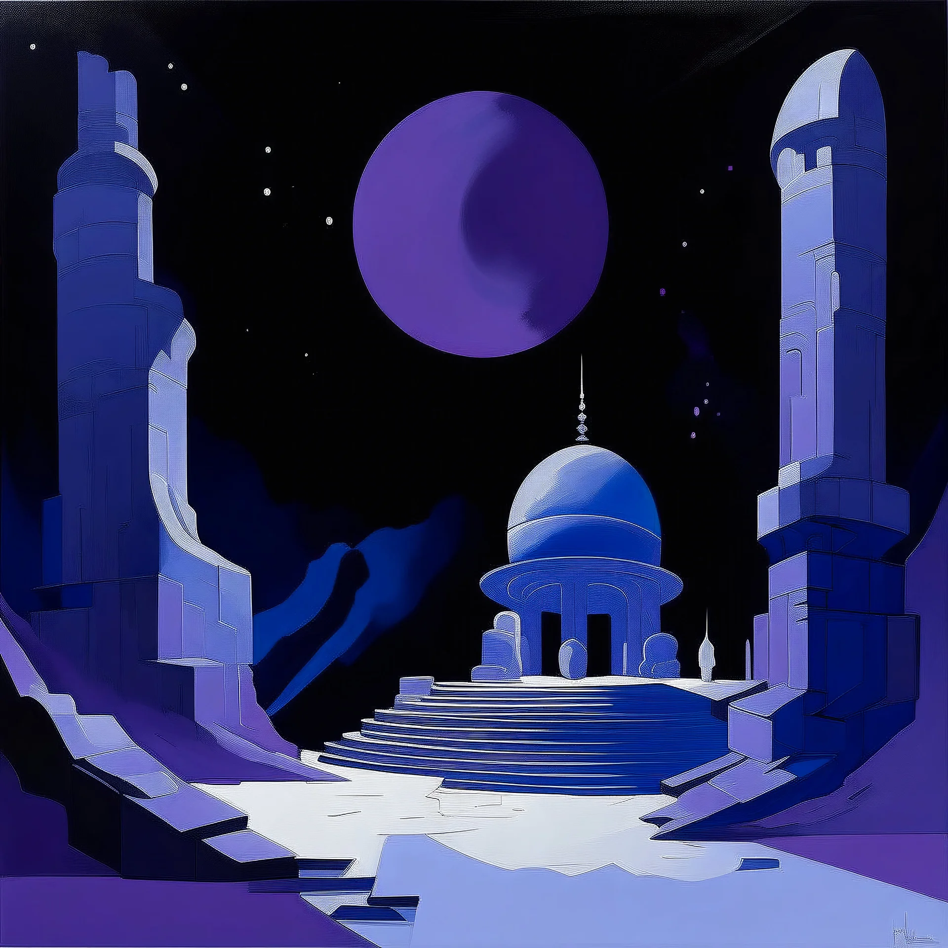 A purple timeless space with a dwarf planet designed in Mayan architecture painted by Lyonel Charles Feininger