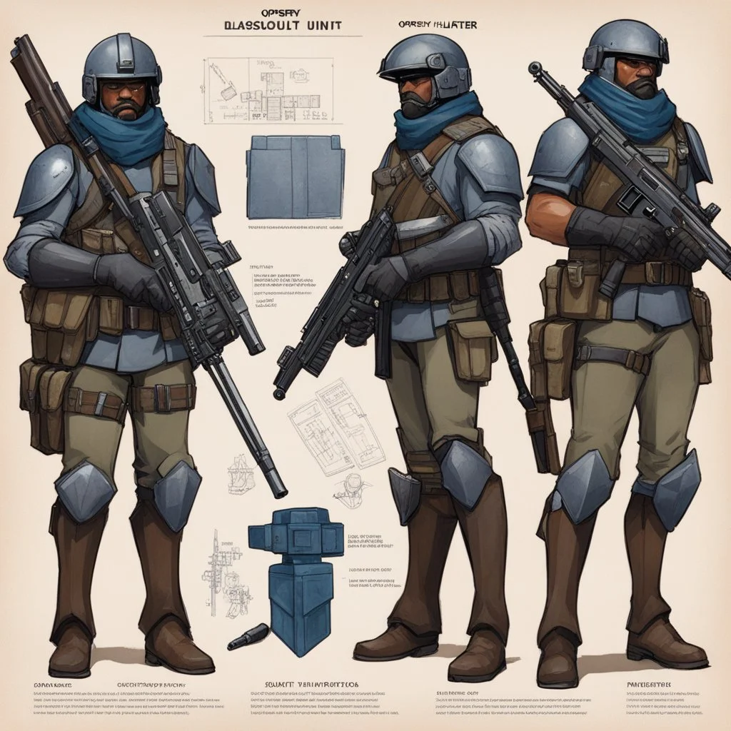 ConceptSheet blueprint [illustration for Osprey Publishing’s by Angus McBride] Bounty Unit Loadout Concept: helmet, armour, and weapons with their blueprint: assault rifle, sniper long rifle, pistol, and all the package of a hunter