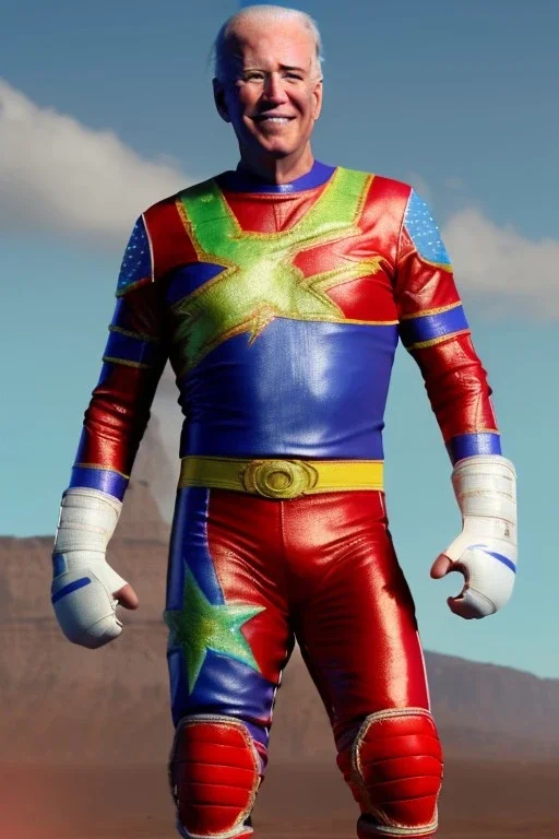 realistic image of joe biden as a mexican wrestling fighter, red and blue breeches, retro style, 80s, vibrant color, highly detailed, sky background, concept art, unreal engine 5, god rays, ray tracing, RTX, lumen lighting, ultra detail, volumetric lighting, 3d, finely drawn, high definition, high resolution.