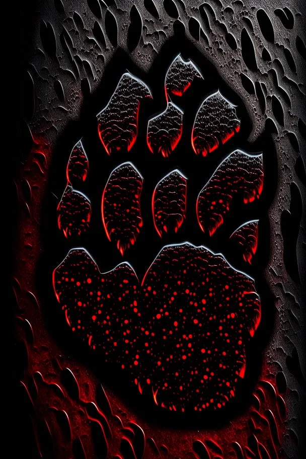 Striking image of a lion paw print, sandblasted special effect in silver and red, standing out on a black background