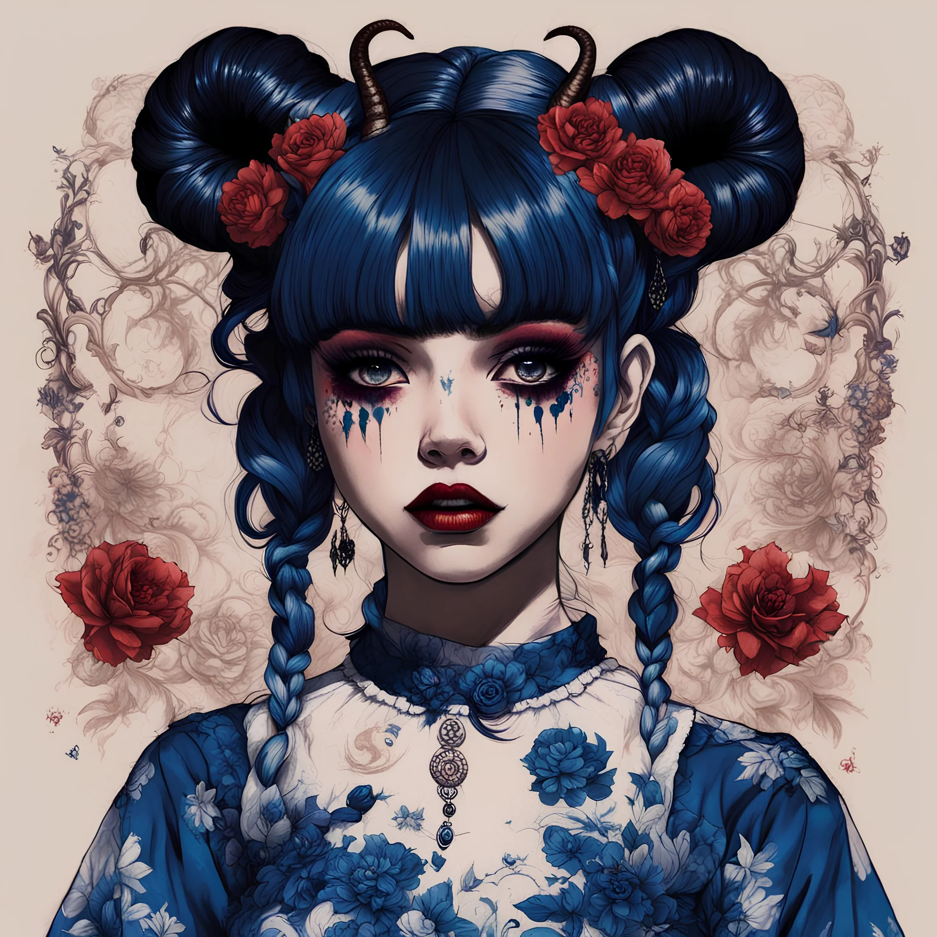 wears a smart shirt which is embroidered with bluered flowers and ornaments, has dark eyes and horns,Poster in two gradually, a one side malevolent goth vampire girl face and other side the Singer Melanie Martinez face, full body, painting by Yoji Shinkawa, darkblue and sepia tones,