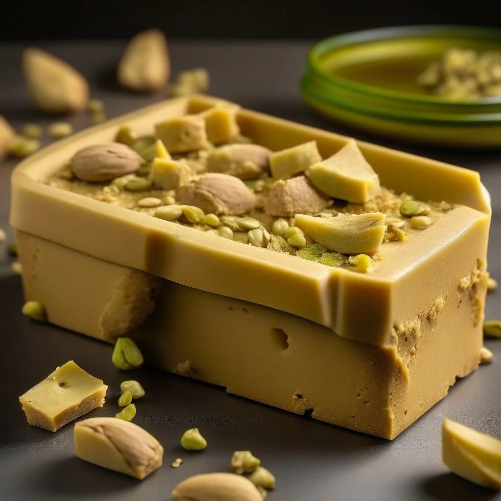 A box of halva with pieces of pistachios and pieces of halva around it