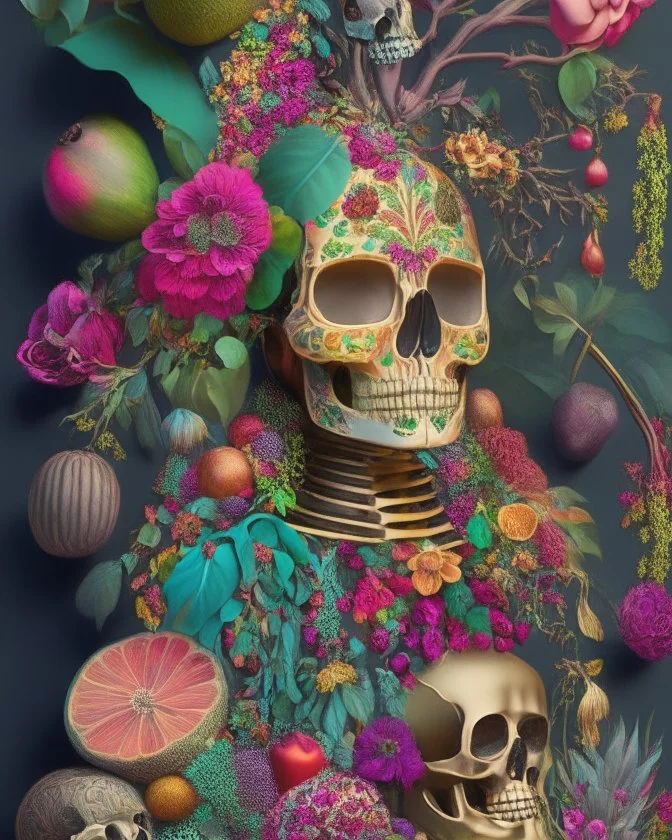 Mexican Skull Calavera, surrounded by poetic ornamental elements such as fruits, flowers, garlands of lights and native plants, colors Pink, Green, Gold and Black, 3D style, painting art, highly detailed, surrealist